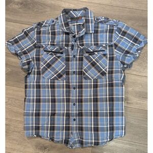 Vtg G By Guess Mens XXL Shirt Plaid Short Sleeve Button Up Blue Zip Pocket Cross